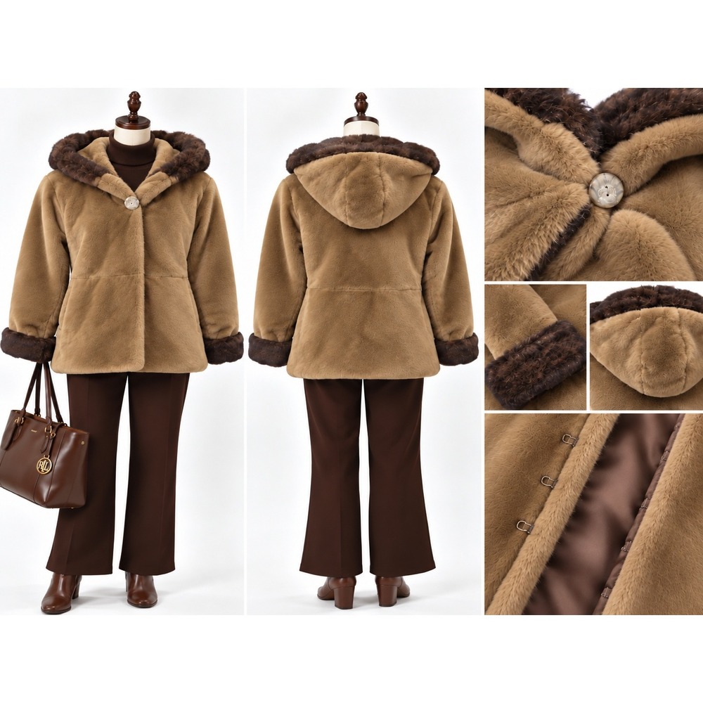 Vintage Dennis Basso Womens M Faux Fur Hooded Coat Camel Brown Plush Y2K